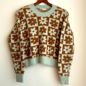 SO Good For Life Brown Gray Daisy Long Sleeved Fuzzy Checkered Sweater